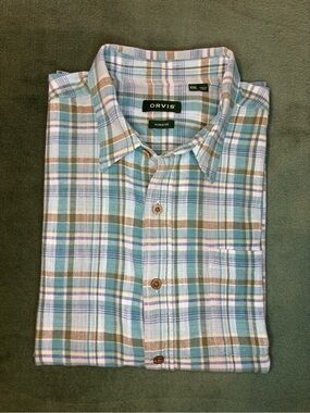Orvis Plaid Button-Down Shirt in Teal, Brown & White, Size: XXL. (6402)